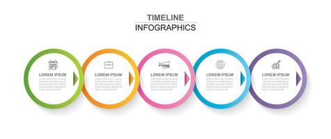 Infografía de 5 círculos con plantilla de línea de tiempo abstracta. paso de presentación fondo moderno de negocios. vector