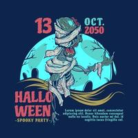 Halloween Party Invitation with Mummy Under the Blue Moon Light vector