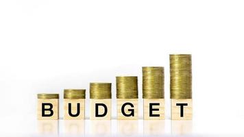 Una pila creciente de pasos de monedas en un bloque de madera con la etiqueta presupuesto sobre un fondo blanco, idea de presupuesto de inversión y presupuesto anual foto