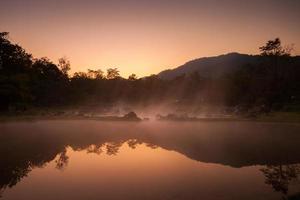 Colorful sunrise sky reflecting on dam photo