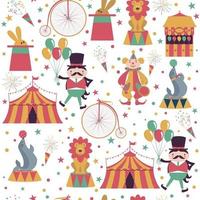 Seamless pattern with circus cartoon characters on white background. Vector illustration.