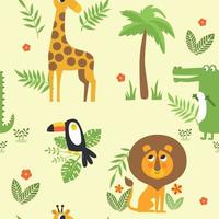 Seamless kids pattern with jungle animals giraffe, lion, sloth, toucan, crocodile and palm. Vector illustration.