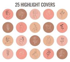 Set of pastel colors vector highlight covers. Abstract backgrounds, shapes, lines, spots, dots, doodle objects with linear flowers and woman face. Round icons for social media stories.