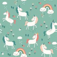 Seamless pattern with unicorns, rainbows, clouds and flowers. Vector illustration