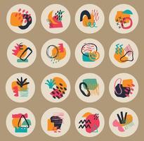 Big set of various vector geometric highlight covers. Abstract backgrounds. Various shapes, lines, spots, dots, doodle objects. Hand drawn templates. Round icons for social media stories