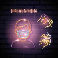 Neon light coronavirus with prevention icons vector