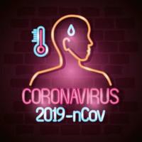 icono de coronavirus de luz de neón con cuerpo y termómetro vector