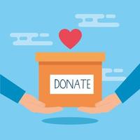 Caja de caridad y donación con manos y corazón. vector