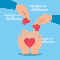 manos con corazones símbolo de caridad y donación vector