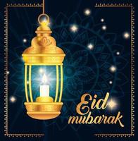 eid mubarak poster with lantern hanging and decorations vector