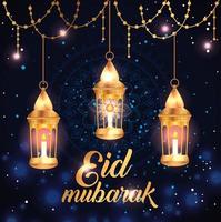 eid mubarak poster with lanterns hanging and decoration vector