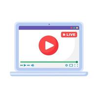 Live Stream Play Button on Laptop Screen, Device App Icon vector