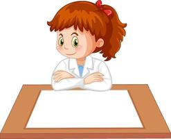 uniforme de niña científica con papel en blanco sobre la mesa vector