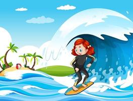 Big wave in the ocean scene with girl standing on a surf board vector