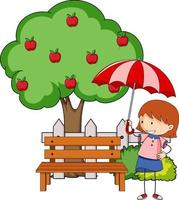 Doodle cartoon character a girl holding an umbrella with apple tree vector