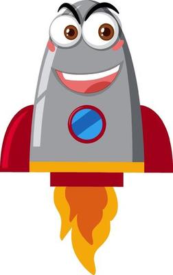 Rocketship cartoon with happy face on white background