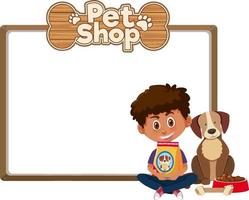 pancartas en blanco con niño y lindo perro y logotipo de tienda de mascotas aislado sobre fondo blanco vector