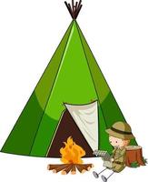 Camping tent with doodle kids cartoon character isolated vector