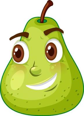 Green pear cartoon character with happy face expression on white background