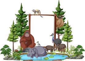 Banner vacío con animales salvajes y árboles de la selva sobre fondo blanco. vector