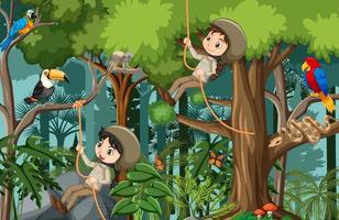 Forest scene with many children doing different activities vector