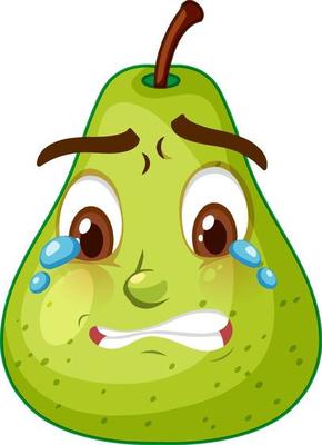 Green pear cartoon character with crying face expression on white background