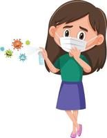 A girl wear mask and using alcohol sanitizer with virus cartoon character vector