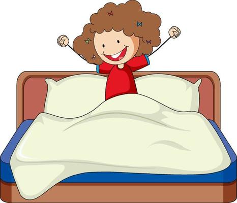 Little girl just wake up on bed doodle cartoon character