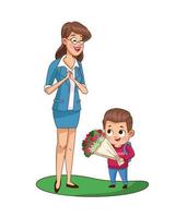 cute little boy with teacher giving flowers vector