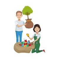 environmentalist couple planting and recycling vector