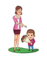 lindo niño con maestra dando flores vector