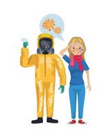 man with biohazard suit and woman sick characters vector