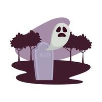 Halloween white ghost cartoon with grave at park vector design