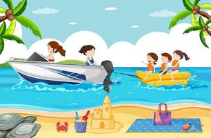 Beach scene with people playing banana boat vector