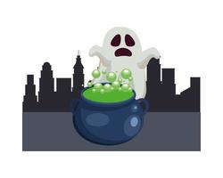 Halloween ghost cartoon with witch cauldron in city vector design