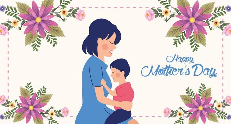 beautiful mother with son and floral frame mothers day card