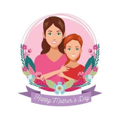 beautiful mother with daughter and floral frame mothers day card