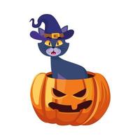 Halloween cat with hat in pumpkin cartoon vector design