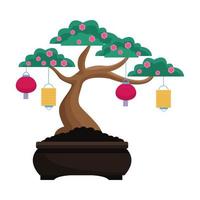 árbol chino aislado con flores y linternas de diseño vectorial vector