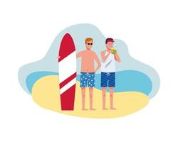 men wearing swimsuits with surfboard and coconut characters vector