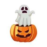 Halloween white ghost cartoon over pumpkin vector design