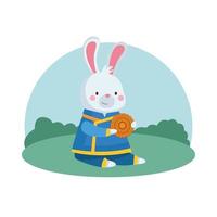 rabbit cartoon with traditional clothes and mooncake vector design