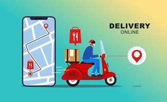 Online Delivery with Mobile Application. Fast delivery package by courier on mobile phone. Tracking courier food by map application. vector