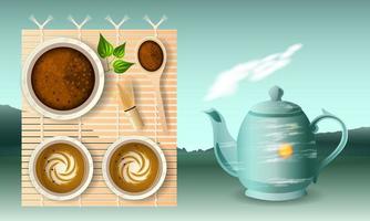 Tea Latte with Milk in Cups on Bamboo Mat vector
