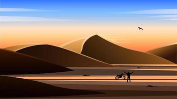 hombre con una motocicleta en el desierto paisaje realista vector