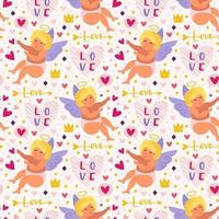 Funny cupids with bow, halo and hearts seamless pattern vector