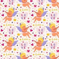 Funny cupids with bow, halo and hearts seamless pattern vector