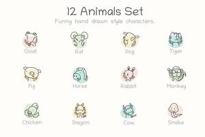 Cute zodiac signs icon.  12 characters in one set vector