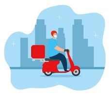 delivery worker using face mask in motorcycle vector