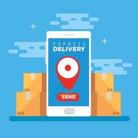 smartphone with app express delivery and boxes vector